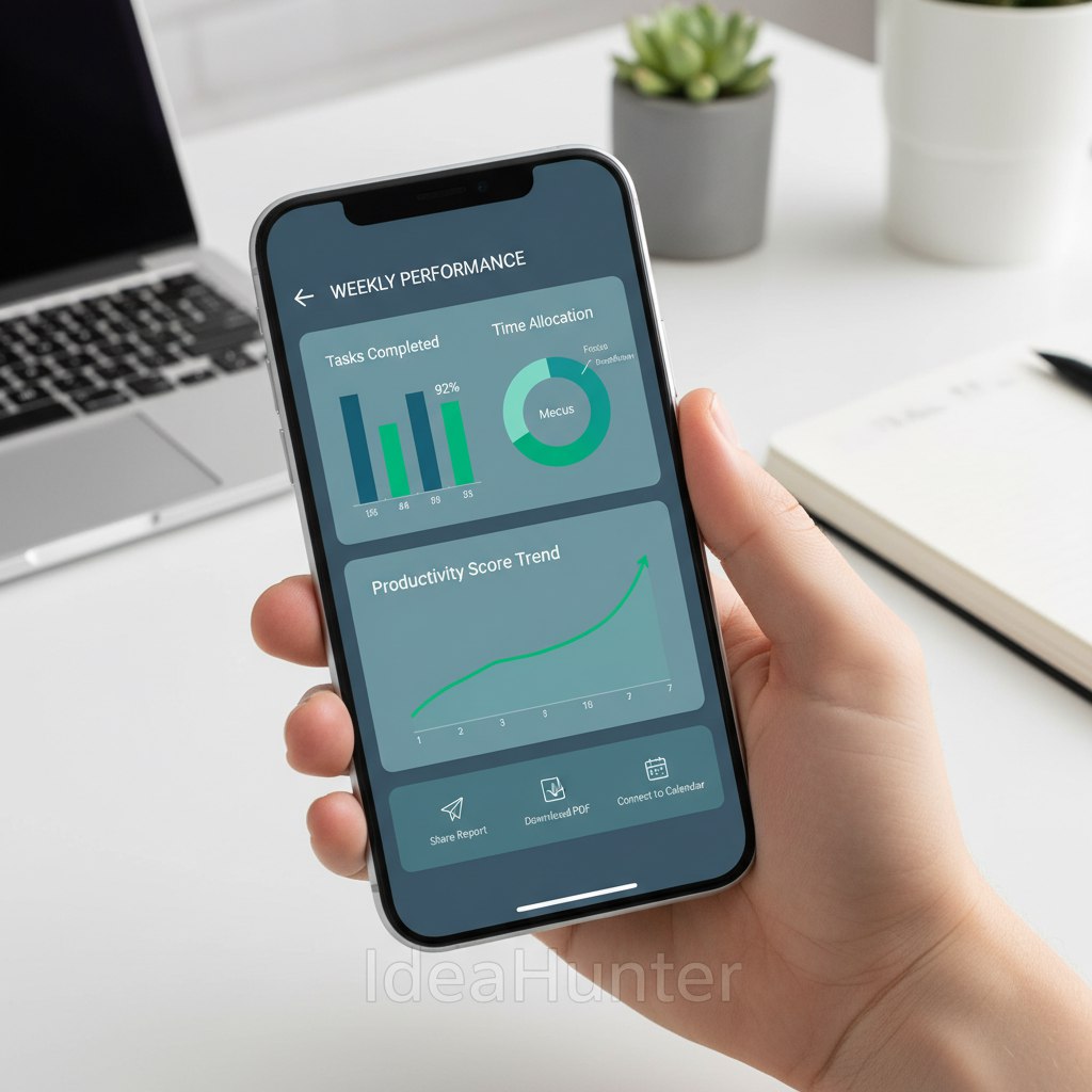 Weekly performance dashboard showing tasks completed and productivity metrics